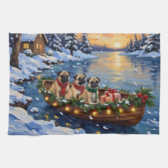 Linge De Cuisine Bateau de Noël Pug Fêtes (Horizontal)