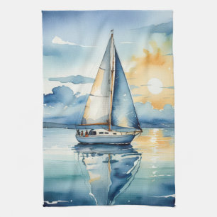 Linge De Cuisine Bateau Watercolor Sur Le Lac Au Coucher Du Soleil