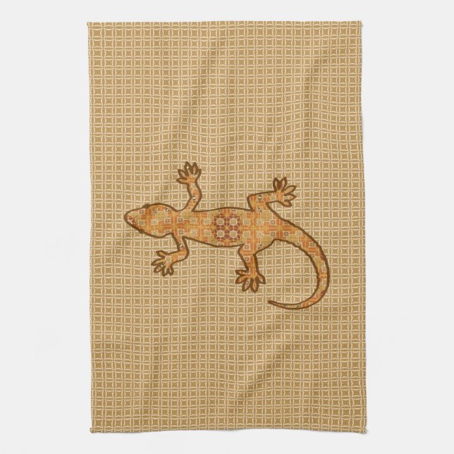 Linge De Cuisine Batik tribal Gecko - rouille, ambre et bronze (Vertical)