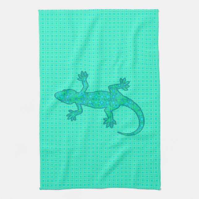 Linge De Cuisine Batik tribal Gecko - turquoise / paon (Vertical)