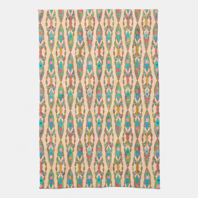 Linge De Cuisine Batik Tribal - Rose Pêche et Turquoise (Vertical)