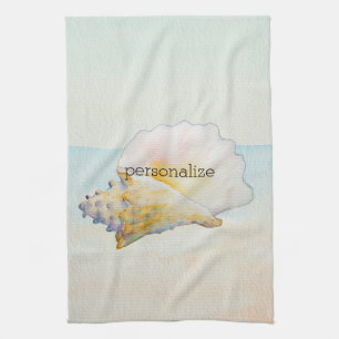 Linge De Cuisine Beach Conch Shell Bleu Océan Aquarelle