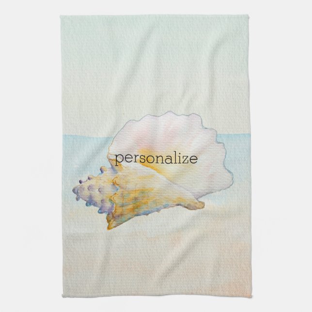 Linge De Cuisine Beach Conch Shell Bleu Océan Aquarelle (Vertical)