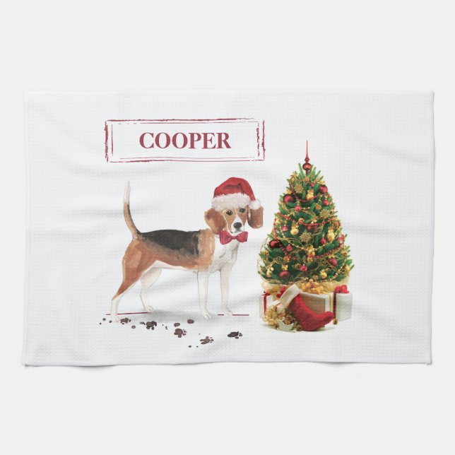 Linge De Cuisine Beagle drôle Chien de Noël avec arbre (Horizontal)