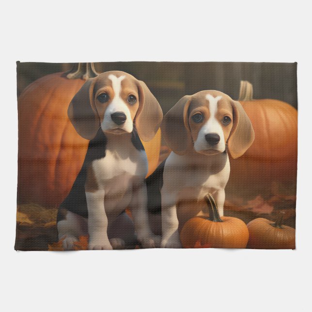 Linge De Cuisine Beagle Puppy Automne Citrouille de plaisir (Horizontal)
