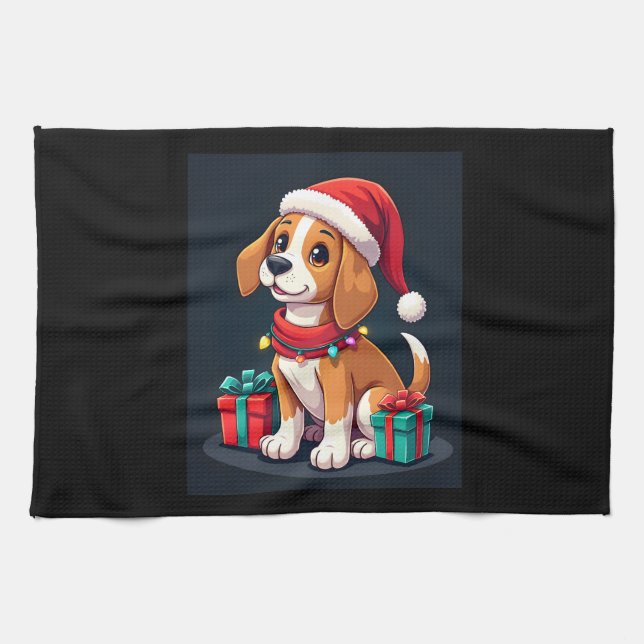 Linge De Cuisine Beagle Xmas Éclairage Père Noël Beagle Chien Noël  (Horizontal)