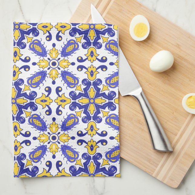 Linge De Cuisine 💙 💛 Beau Azulejos bleu et jaune (Quart Plié)