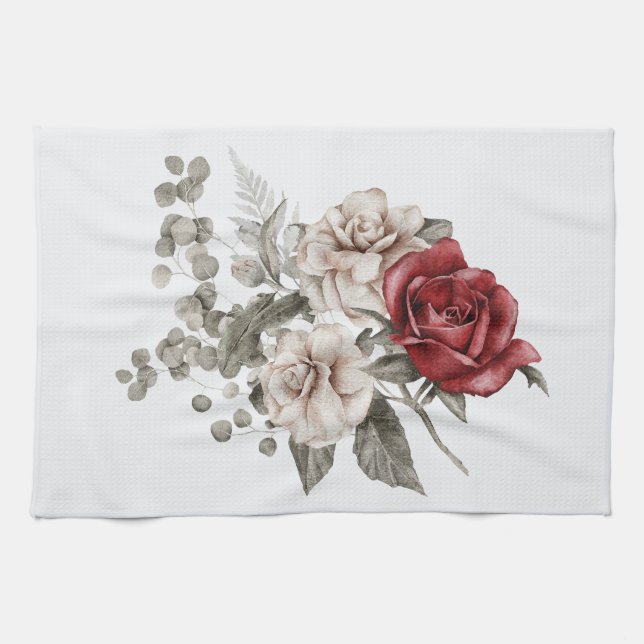 Linge De Cuisine Beau bouquet floral blanc cassé et rouge roses (Horizontal)