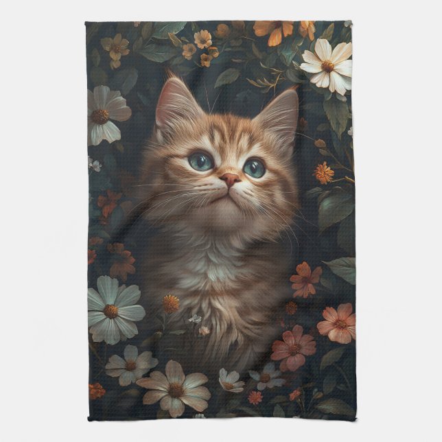 Linge De Cuisine Beau chaton orange avec Fleur sauvage (Vertical)