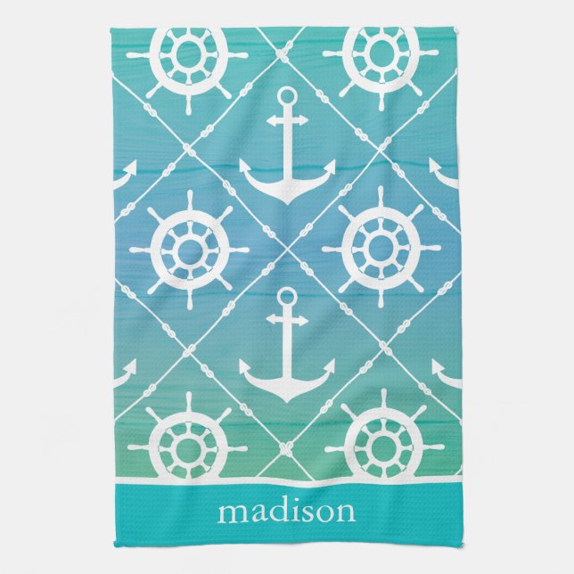 Linge De Cuisine Beau Monogramme marin Turquoise (Vertical)