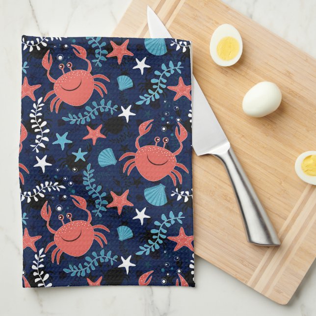 Linge De Cuisine Beau motif de mer avec crabes. (Quart Plié)