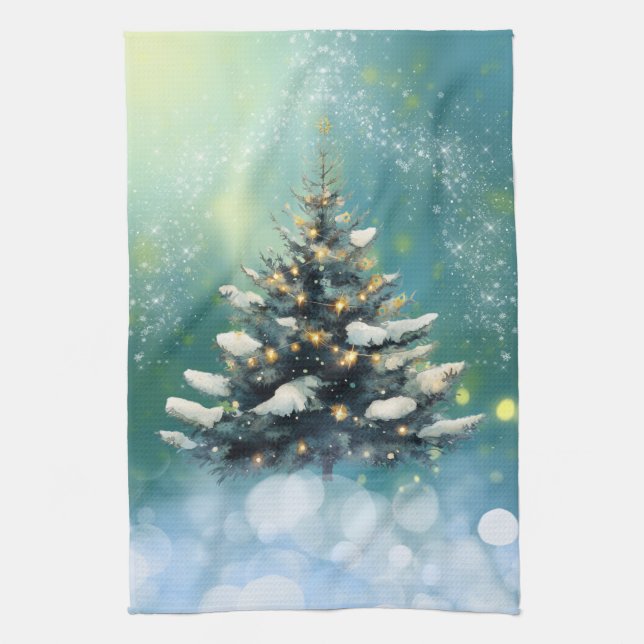 Linge De Cuisine Beau sapin de Noël avec lumières de neige et d'or (Vertical)