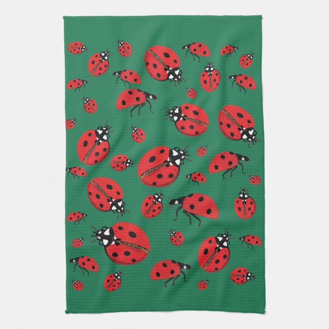 Linge De Cuisine Beaucoup de Ladybugs Lucky Motif Green (Vertical)