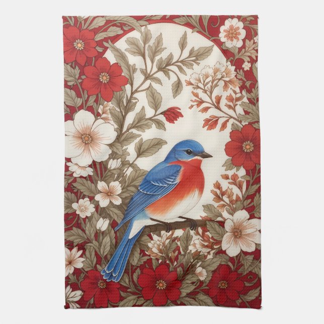 Linge De Cuisine Beautiful Eastern Bluebird Red Floral  (Vertical)