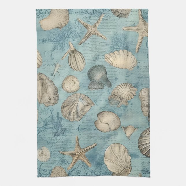 Linge De Cuisine Beaux Coquillages Vintages En Bleu (Vertical)