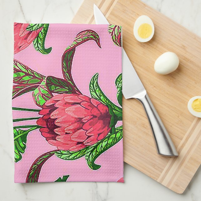 Linge De Cuisine Beaux Feuilles verts tropicaux aux fleurs rouges | (Quart Plié)