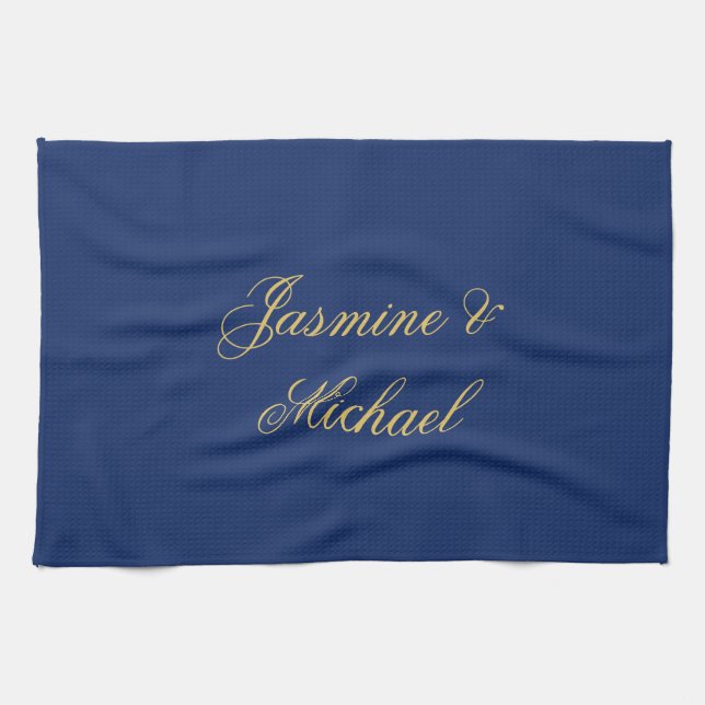 Linge De Cuisine Beaux Noms De Couple Calligraphie Chic Bleu & Or (Horizontal)
