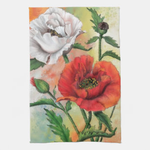 Linge De Cuisine Beaux pavots blancs rouges - Art de la peinture 