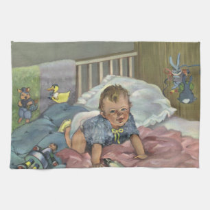 Linge De Cuisine Bébé mignon vintage jouant dans un berceau, heure