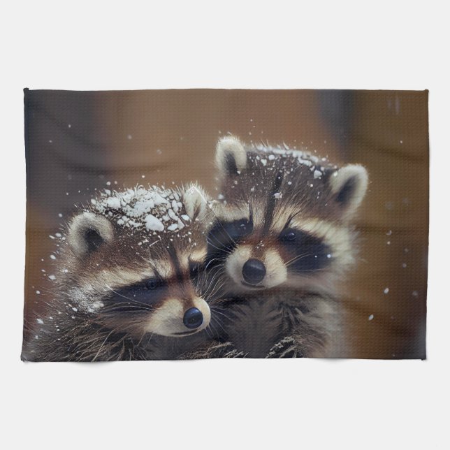 Linge De Cuisine Bébé Raccoons se blottit dans la neige tombante (Horizontal)