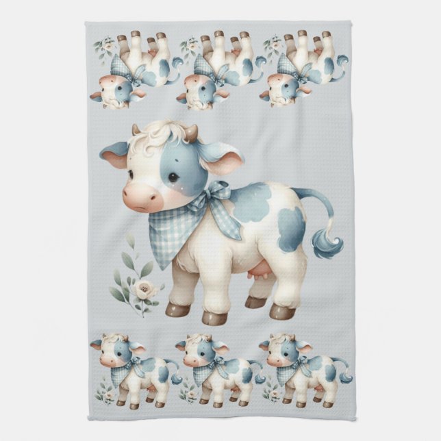 Linge De Cuisine Bébé Vache Gingham Bleu Pastel Esthétique Ferme (Vertical)
