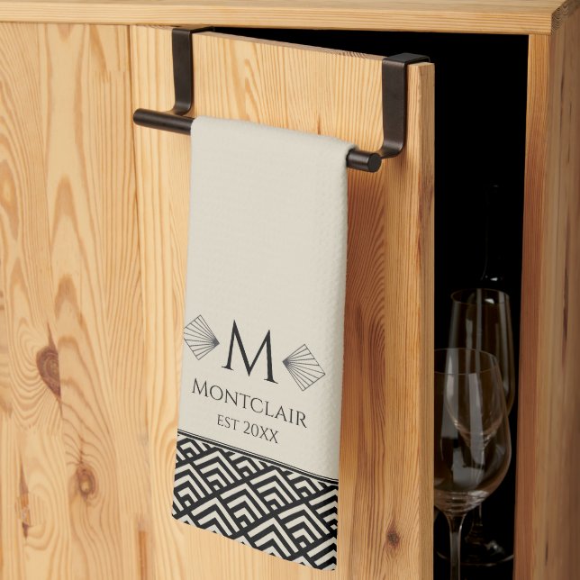 Linge De Cuisine Beige Black Art Déco Ventilateur japonais Personna (Pliage en tiers)