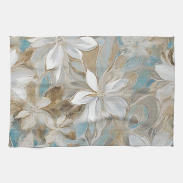 Linge De Cuisine Beige Brown Bleu Floral Turquoise (Horizontal)