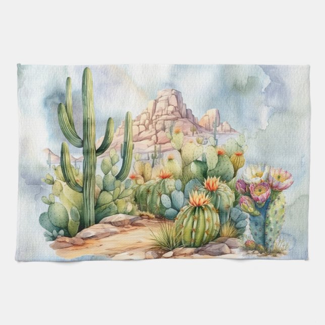 Linge De Cuisine Belle aquarelle Désert Cactus Paysage (Horizontal)
