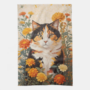 Linge De Cuisine Belle Chat Calico Avec Fleurs Marigold