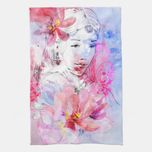 Linge De Cuisine Belle fille avec un bouquet des fleurs