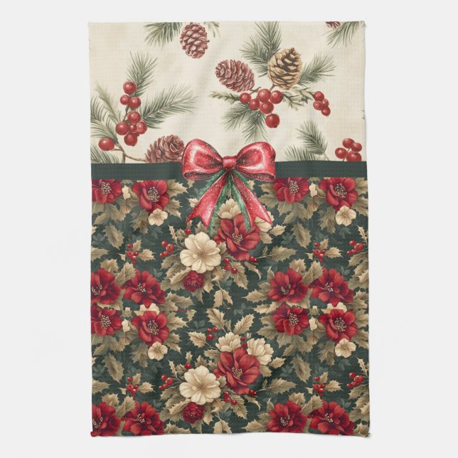 Linge De Cuisine Belles fleurs de Noël et pommes de pin (Vertical)