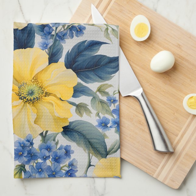 Linge De Cuisine Belles Fleurs Jaunes et Bleues (Quart Plié)