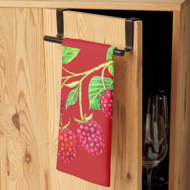 Linge De Cuisine Belles framboises rouges sur tiges Feuilles verts (Pliage en tiers)
