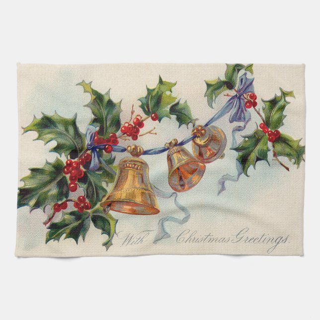 Linge De Cuisine Bells Ribbon Holly Winterberry (Horizontal)