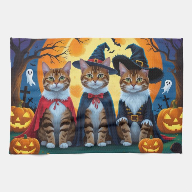 Linge De Cuisine Bengal Chats Citrouille Halloween drôle (Horizontal)
