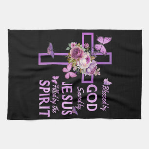 Linge De Cuisine Béni par Dieu Sauvé par Jésus Croix florale violet