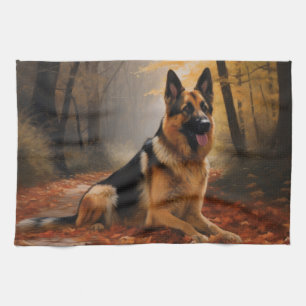 Linge De Cuisine Berger Allemand dans les feuilles d'automne qui to