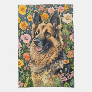 Linge De Cuisine Berger allemand Whimsical dans un jardin de fleurs