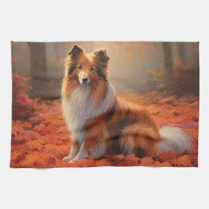 Linge De Cuisine Berger des Shetland dans les feuilles d'automne qu
