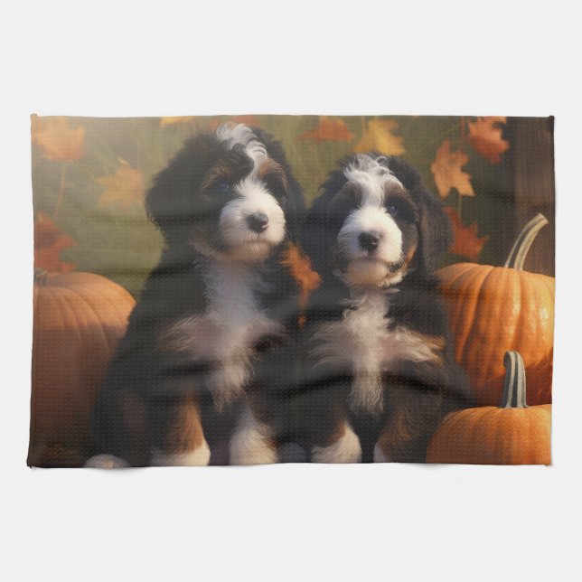 Linge De Cuisine Bernedoodle Chiot Automne Citrouille de plaisir (Horizontal)