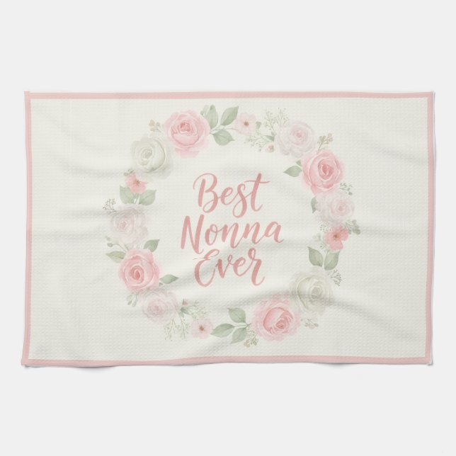 Linge De Cuisine Best Nonna Ever Pink & Green Floral Wreath (Horizontal)