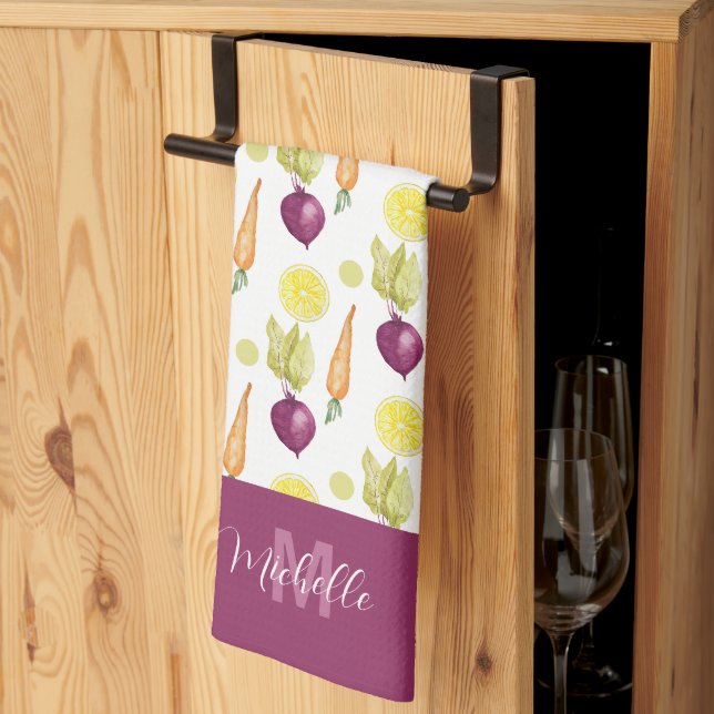 Linge De Cuisine Betteraves au citron et carottes monogrammées Aqua (Pliage en tiers)
