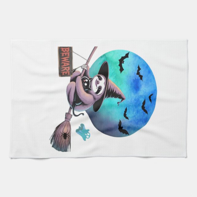 Linge De Cuisine Beware Cute Witch Sloth Flying on Broom Halloween  (Horizontal)
