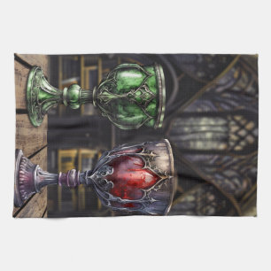 Linge De Cuisine Bibliothèque médiévale gothique verte rouge Goblet