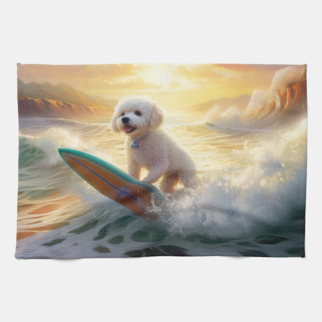 Linge De Cuisine Bichon Frise Beach Plage Surf Peinture (Horizontal)