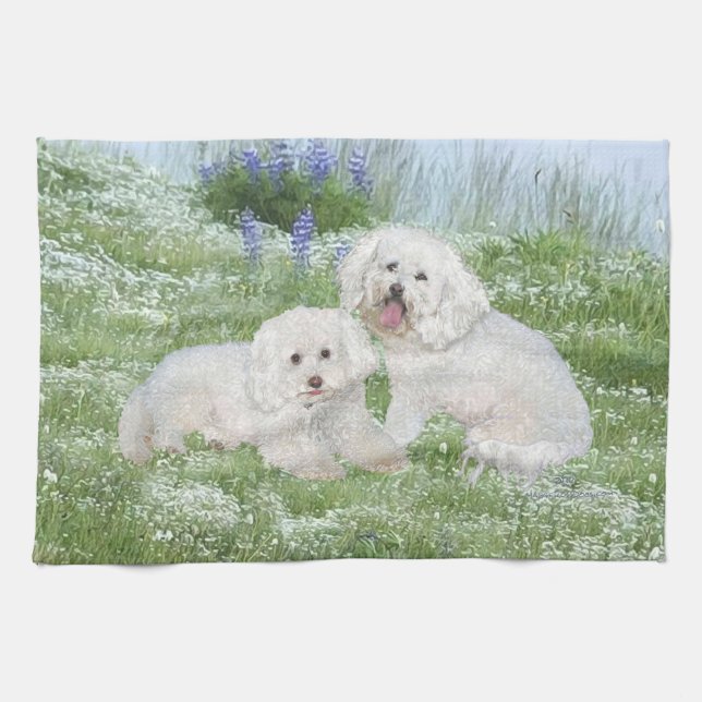 Linge De Cuisine Bichon Frise Bleuets (Horizontal)
