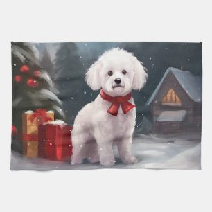 Linge De Cuisine Bichon Frise Dog à Noël de neige