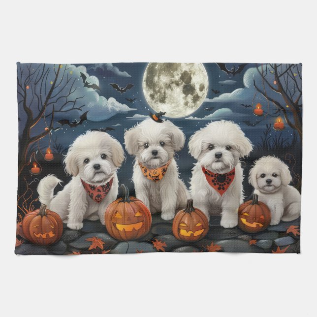 Linge De Cuisine Bichon Frise Halloween Éffrayant (Horizontal)