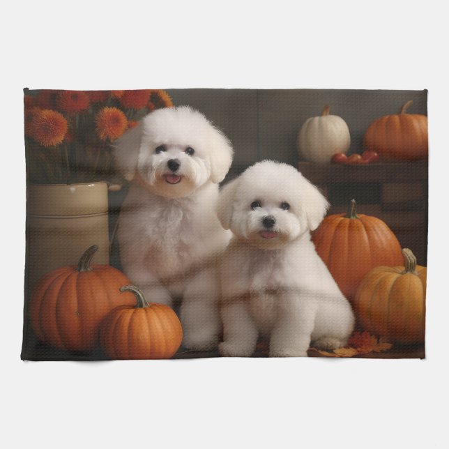 Linge De Cuisine Bichon Frise Puppy Automne Citrouille délice (Horizontal)
