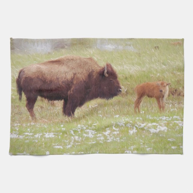 Linge De Cuisine Bison et veau à Yellowstone (Horizontal)